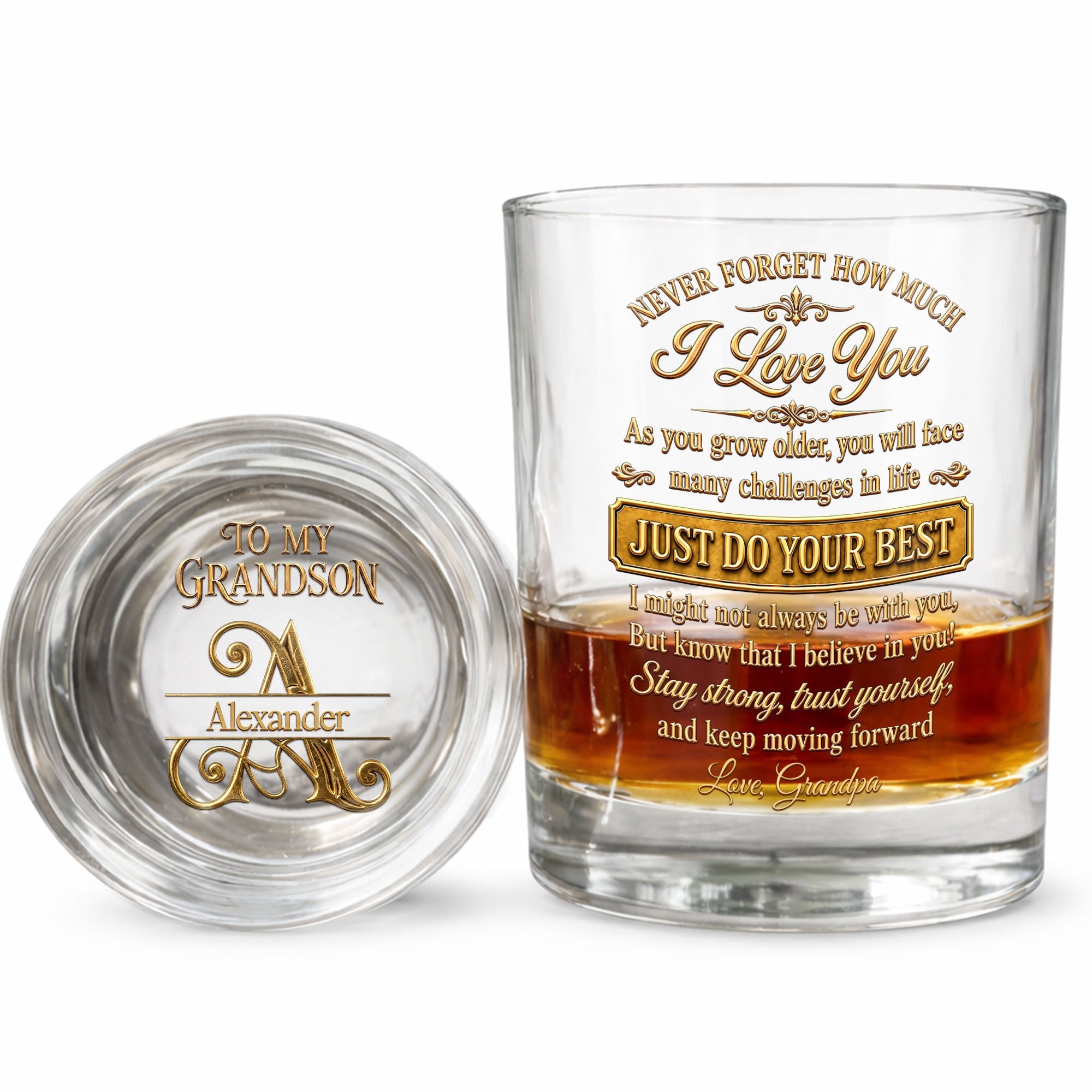 Never Forget How Much I Love You Grandson Initial Name Golden Design - Personalized Whiskey Glass - GSN092_PRIWI