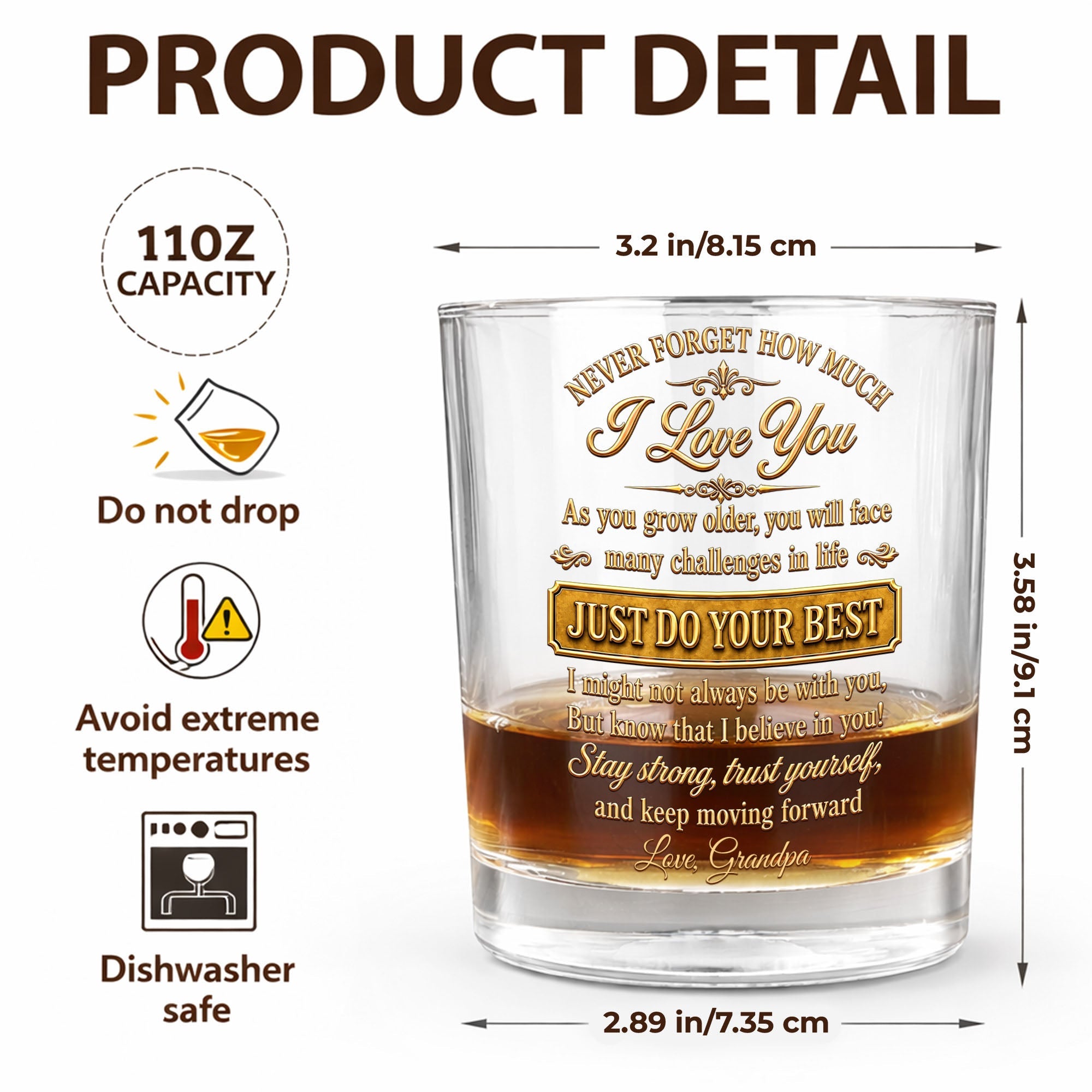 Never Forget How Much I Love You Grandson Initial Name Golden Design - Personalized Whiskey Glass - GSN092_PRIWI