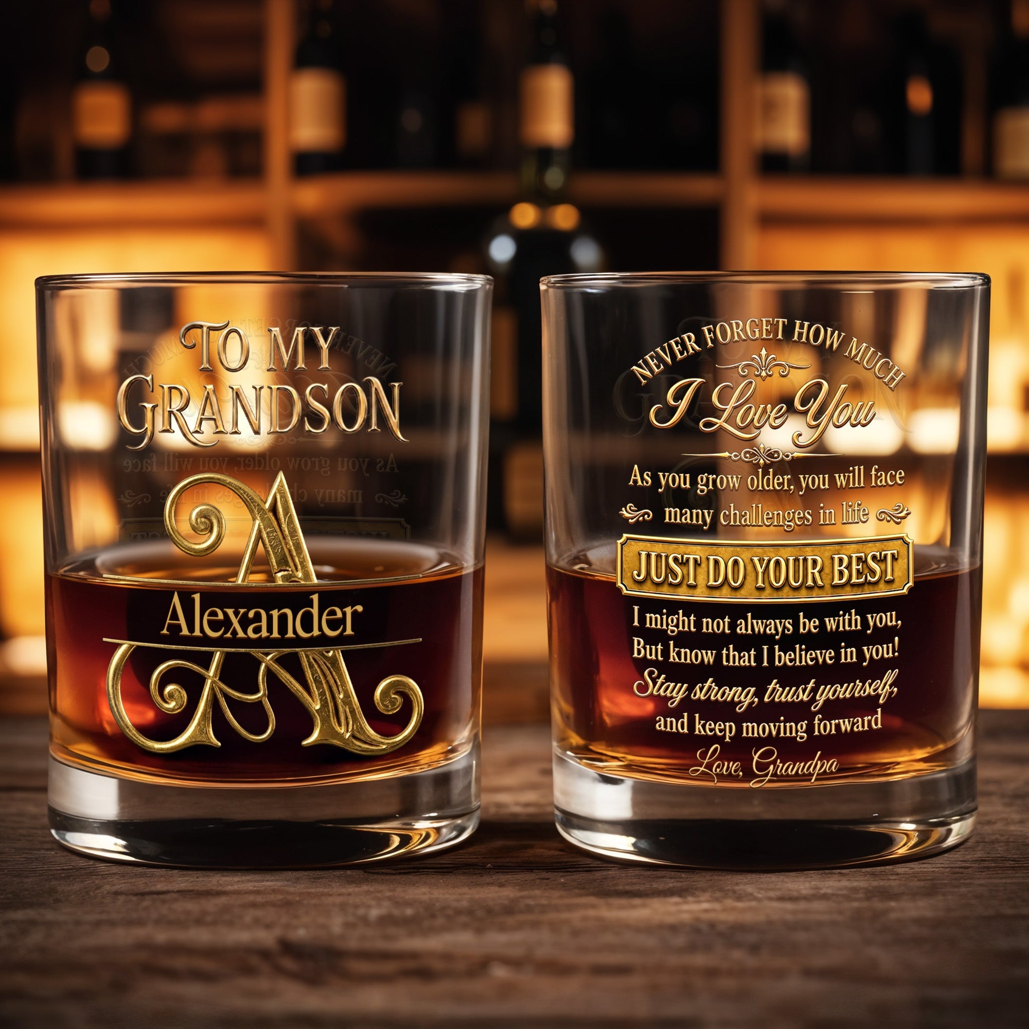 To My Grandson Never Forget How Much I Love You 3D Golden Initial - Personalized Custom Whiskey Glass - GSN092_RWG