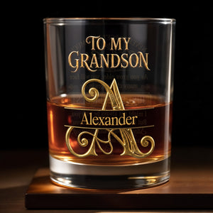 To My Grandson Never Forget How Much I Love You 3D Golden Initial - Personalized Custom Whiskey Glass - GSN092_RWG