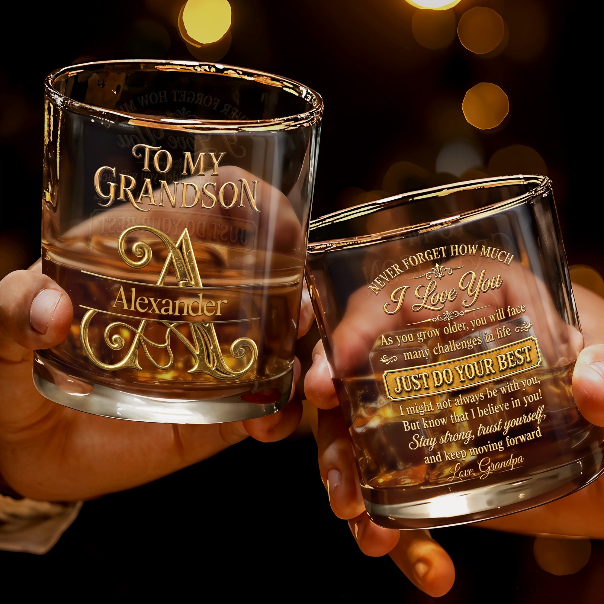 To My Grandson Never Forget How Much I Love You 3D Golden Initial - Personalized Custom Whiskey Glass - GSN092_RWG