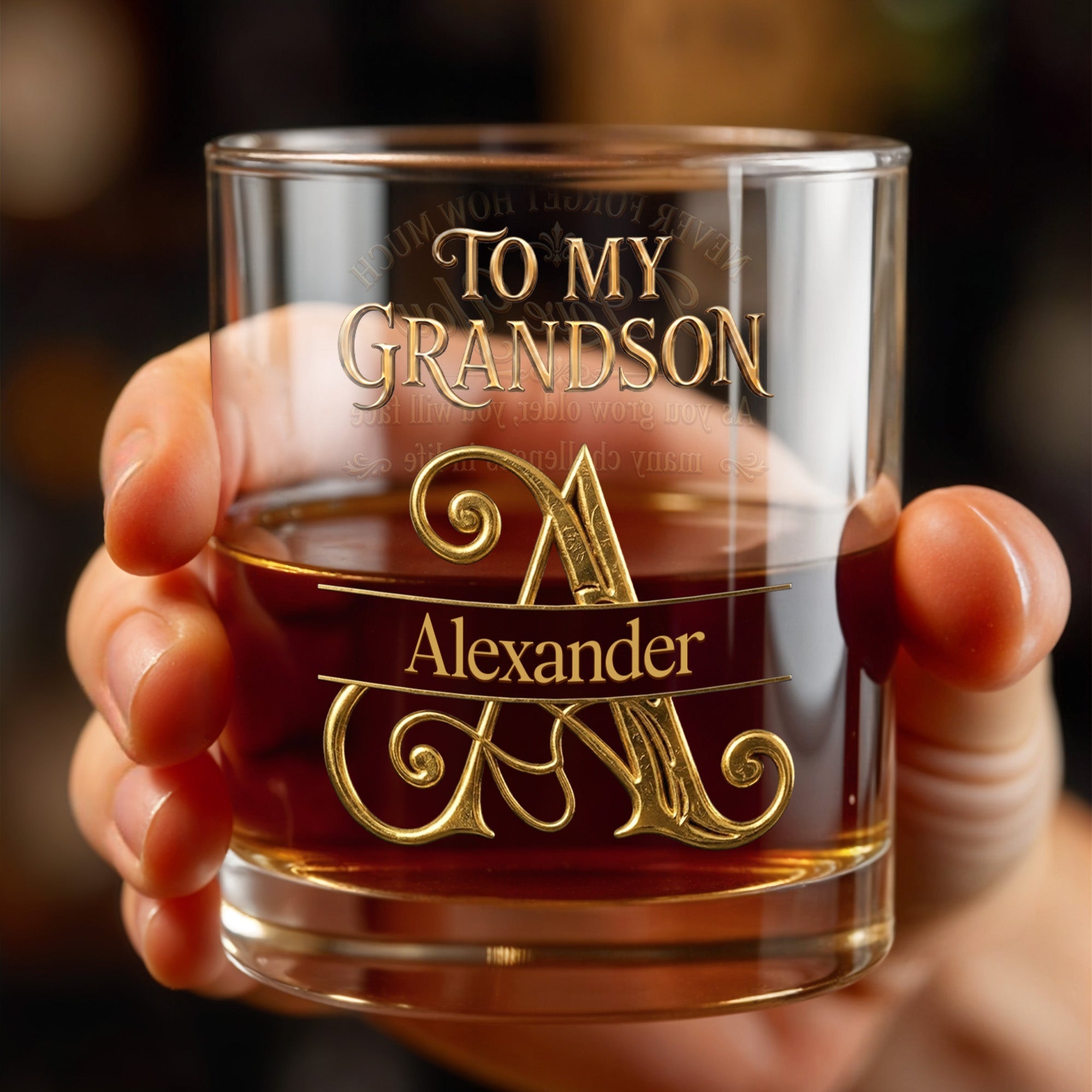 To My Grandson Never Forget How Much I Love You 3D Golden Initial - Personalized Custom Whiskey Glass - GSN092_RWG