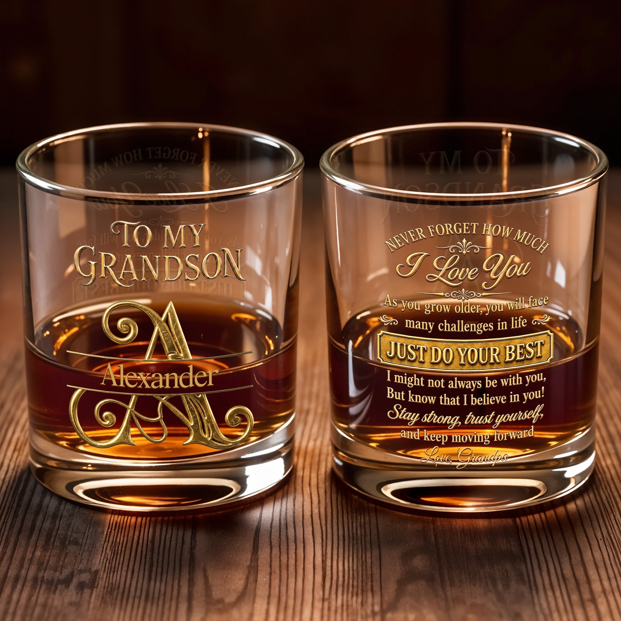 To My Grandson Never Forget How Much I Love You 3D Golden Initial - Personalized Custom Whiskey Glass - GSN092_RWG