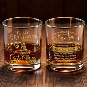 To My Grandson Never Forget How Much I Love You 3D Golden Initial - Personalized Custom Whiskey Glass - GSN092_RWG