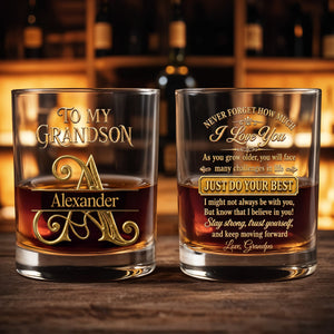 To My Grandson Never Forget How Much I Love You 3D Golden Initial - Personalized Custom Whiskey Glass - GSN092_RWG