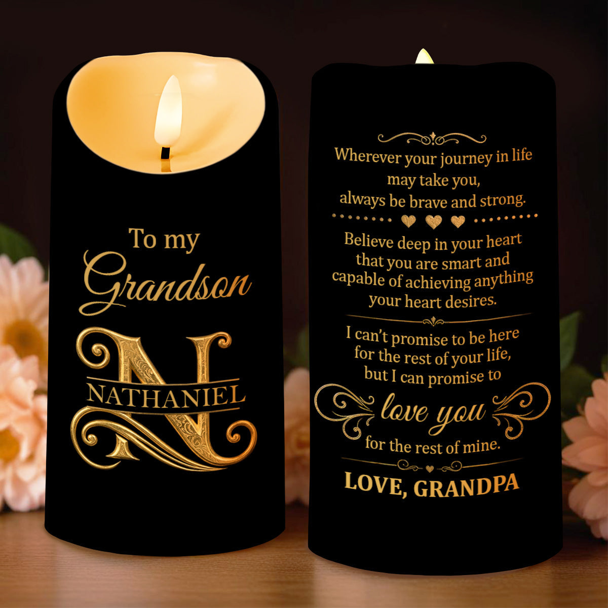 To My Grandson Wherever Your Journey In Life Initial Name Hearts - Personalized Custom LED Candle - GSN099_LECA