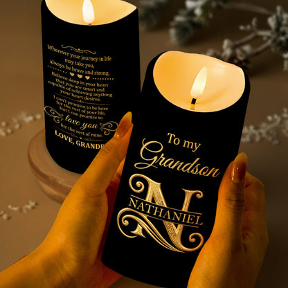 To My Grandson Wherever Your Journey In Life Initial Name Hearts - Personalized Custom LED Candle - GSN099_LECA
