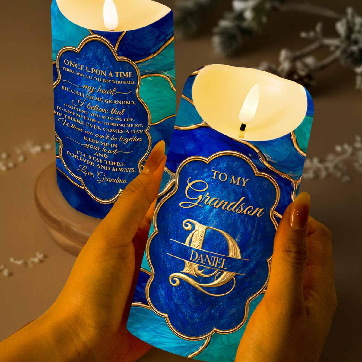 To My Grandson Once Upon A Time 3D Gold Alphabet Art Monogram - Personalized Custom LED Candle - GSN109_LECA