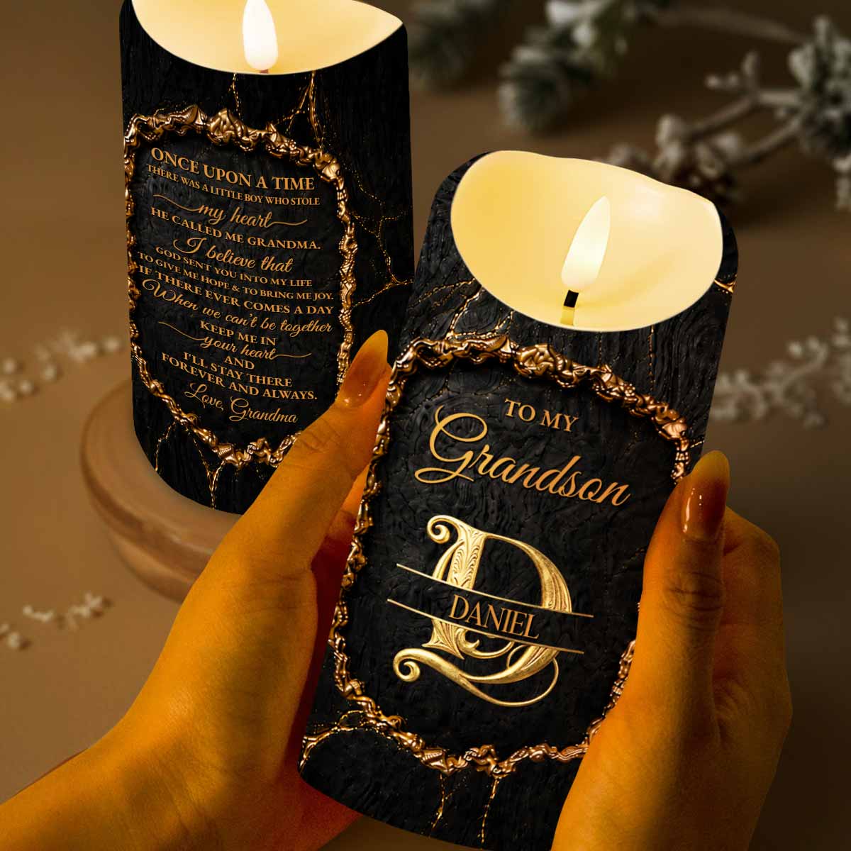 To My Grandson Once Upon A Time Golden Alphabet Art - Personalized Custom LED Candle - GSN110_LECA