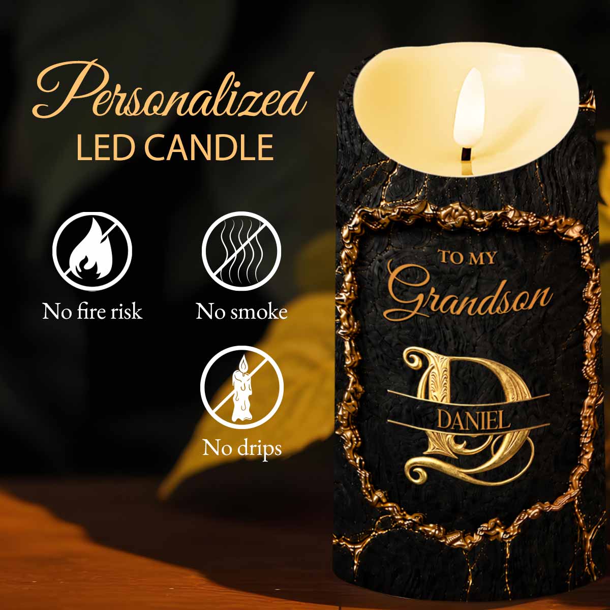 To My Grandson Once Upon A Time Golden Alphabet Art - Personalized Custom LED Candle - GSN110_LECA