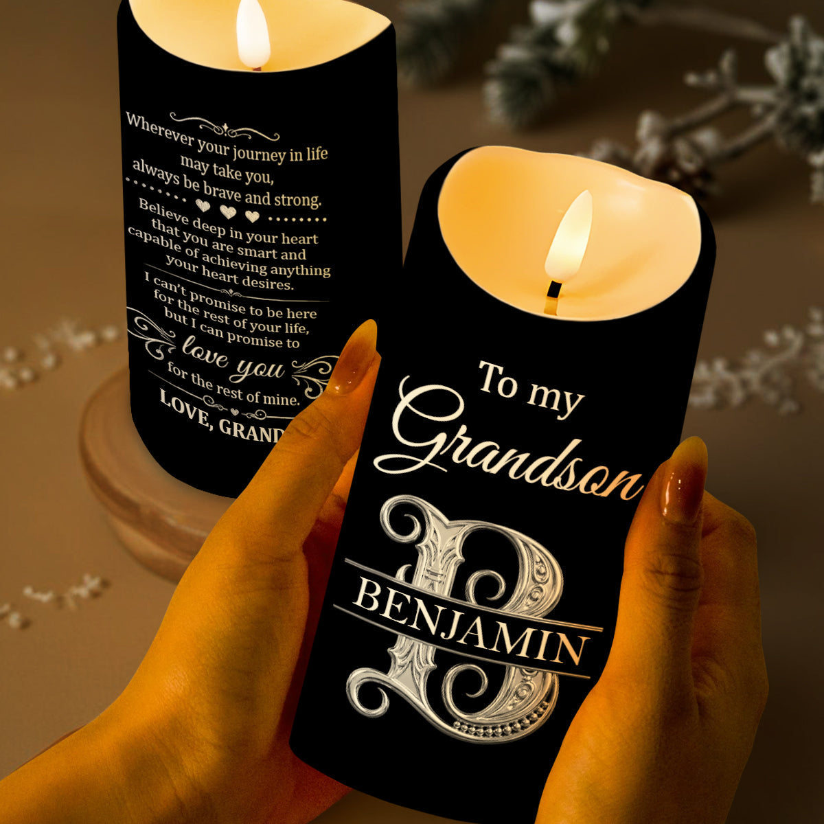 To My Grandson Wherever Your Journey 3D Silver Initial - Personalized Custom LED Candle - GSN118_LECA