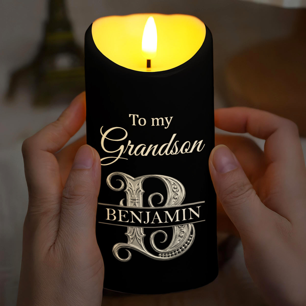 To My Grandson Wherever Your Journey 3D Silver Initial - Personalized Custom LED Candle - GSN118_LECA