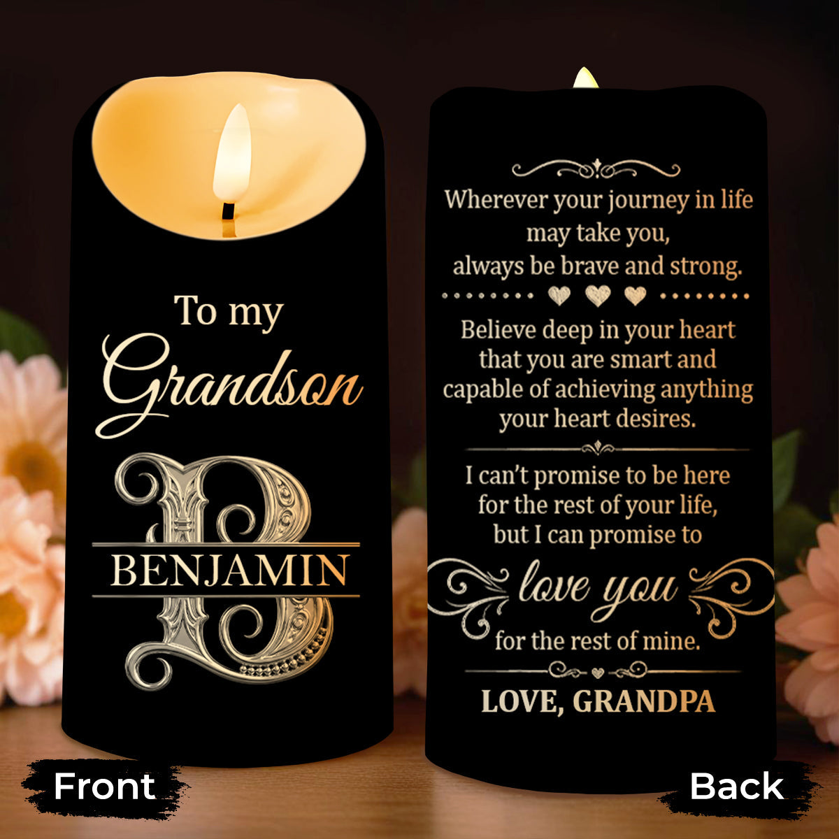 To My Grandson Wherever Your Journey 3D Silver Initial - Personalized Custom LED Candle - GSN118_LECA
