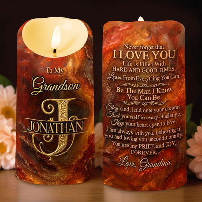 To My Grandson Never Forget That I Love You Initial Letter Filigree - Personalized Custom LED Candle - GSN120_LECA