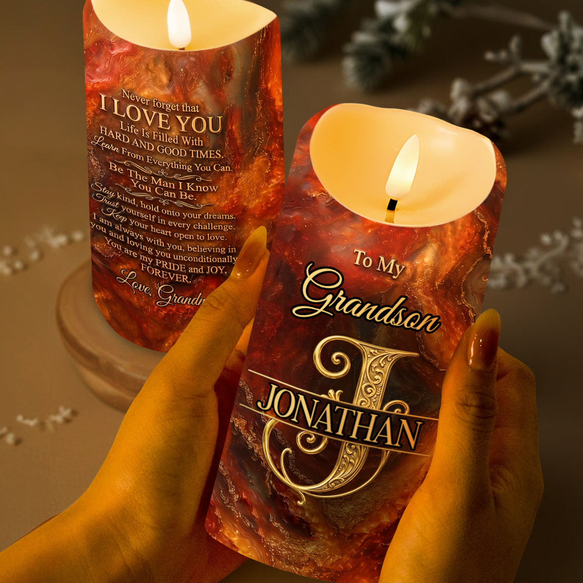 To My Grandson Never Forget That I Love You Initial Letter Filigree - Personalized Custom LED Candle - GSN120_LECA