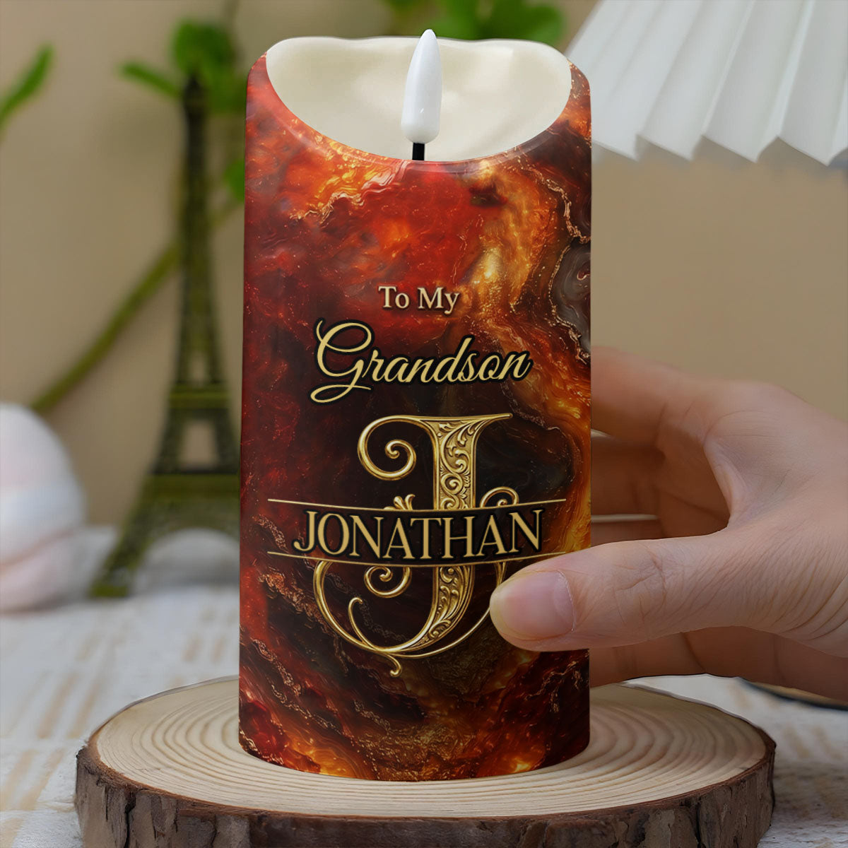 To My Grandson Never Forget That I Love You Initial Letter Filigree - Personalized Custom LED Candle - GSN120_LECA