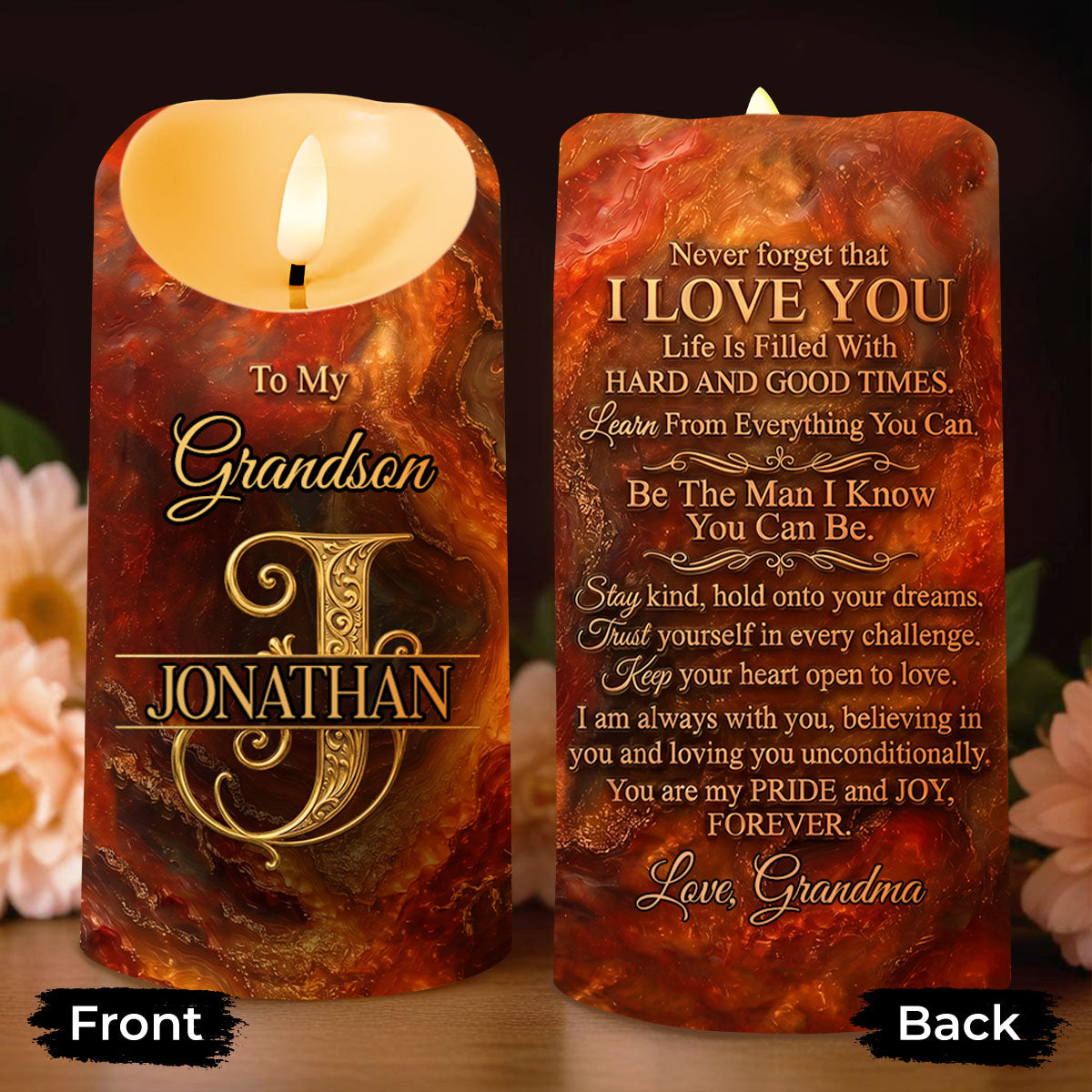 To My Grandson Never Forget That I Love You Initial Letter Filigree - Personalized Custom LED Candle - GSN120_LECA