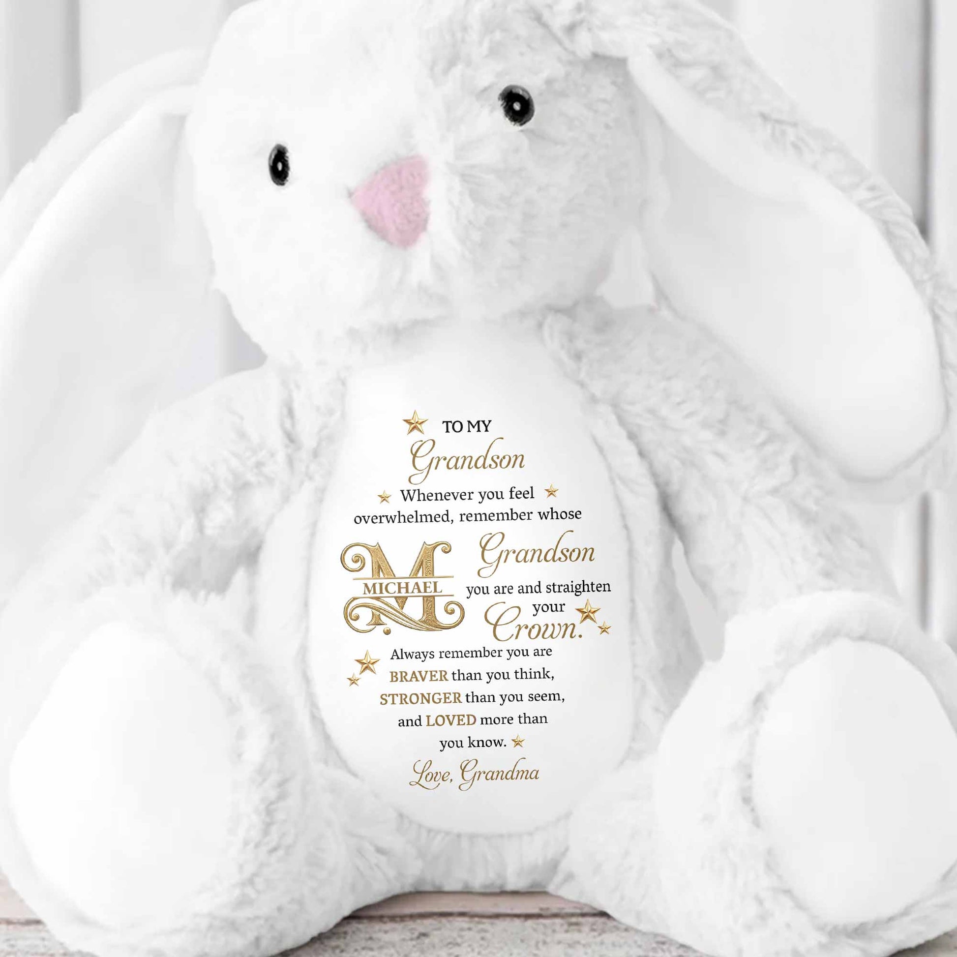 To My Grandson Straighten Your Crown Golden Stars And Alphabet - Personalized Stuffed Bunny - GSN136_BUN