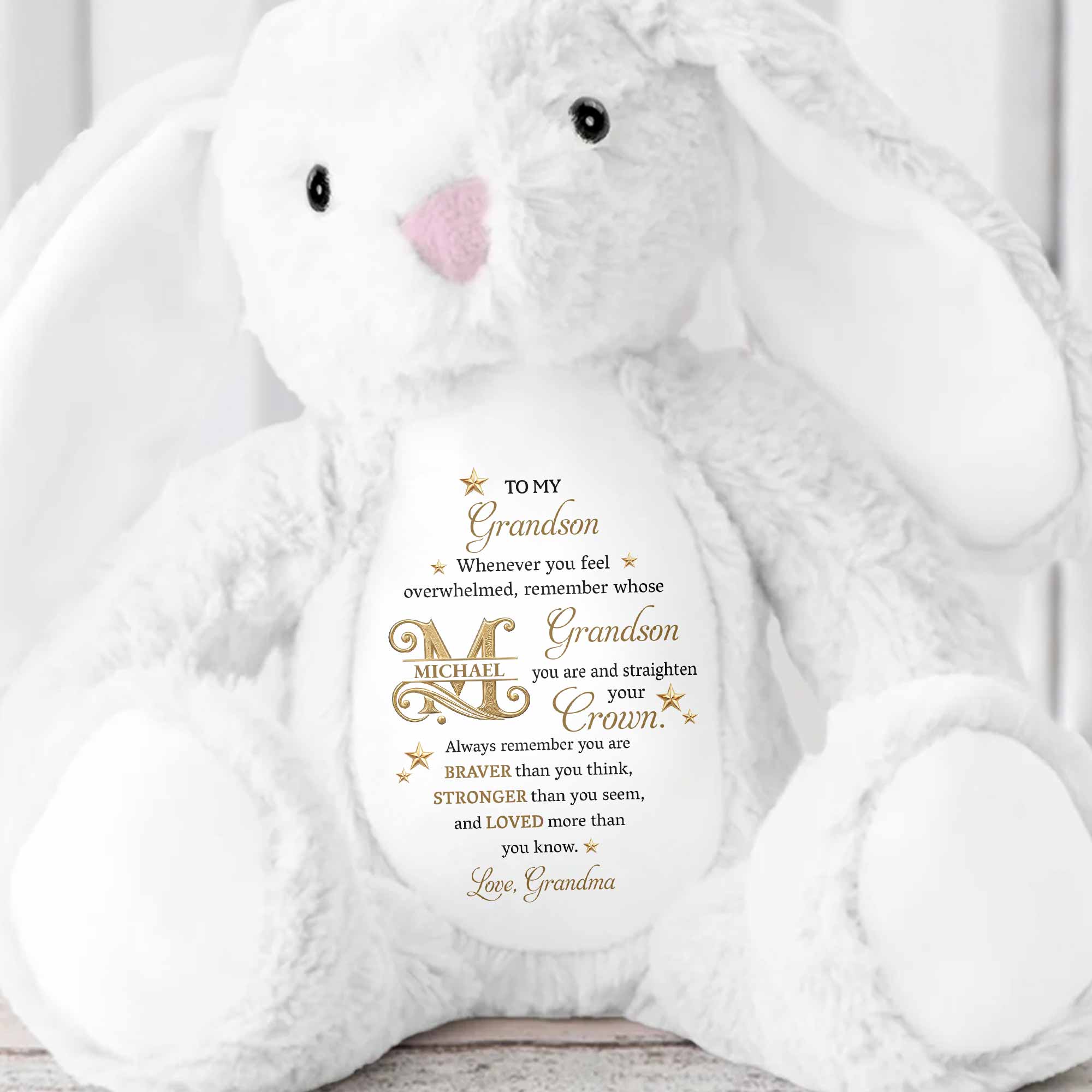 To My Grandson Straighten Your Crown Golden Stars And Alphabet - Personalized Stuffed Bunny - GSN136_BUN
