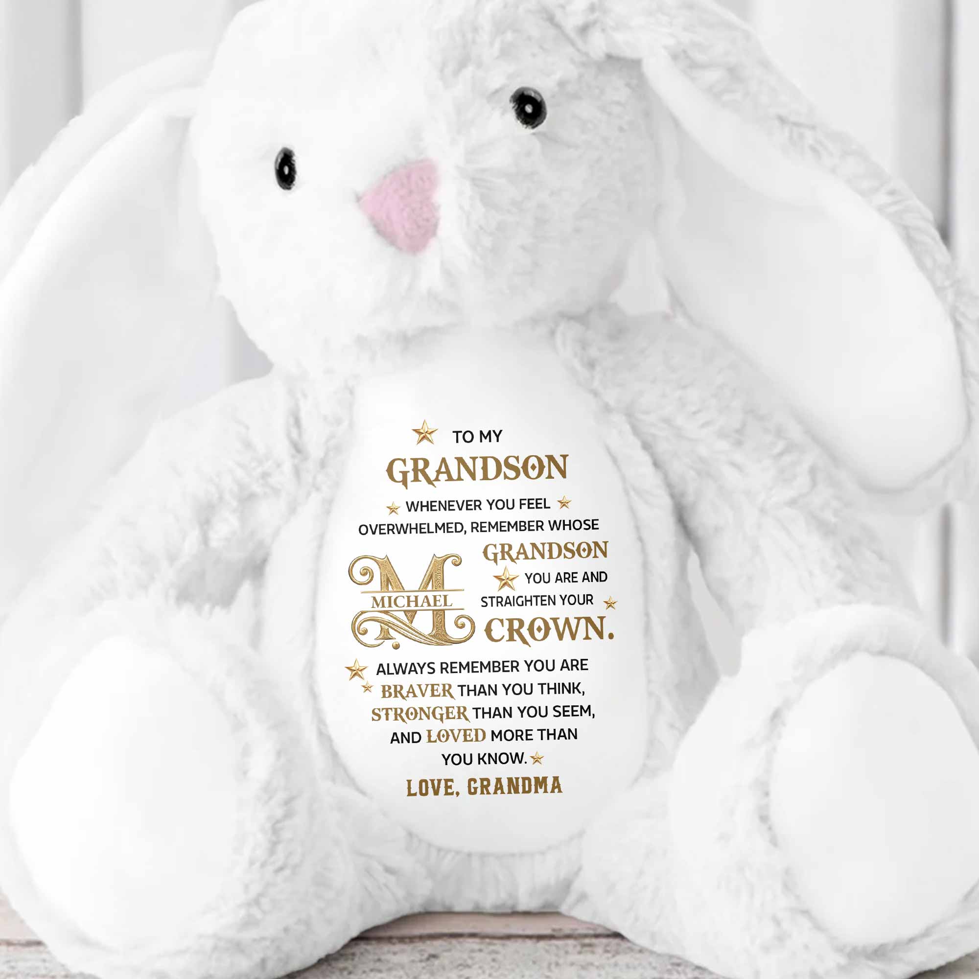 To My Grandson Straighten Your Crown Golden Alphabet Art - Personalized Stuffed Bunny - GSN137_BUN