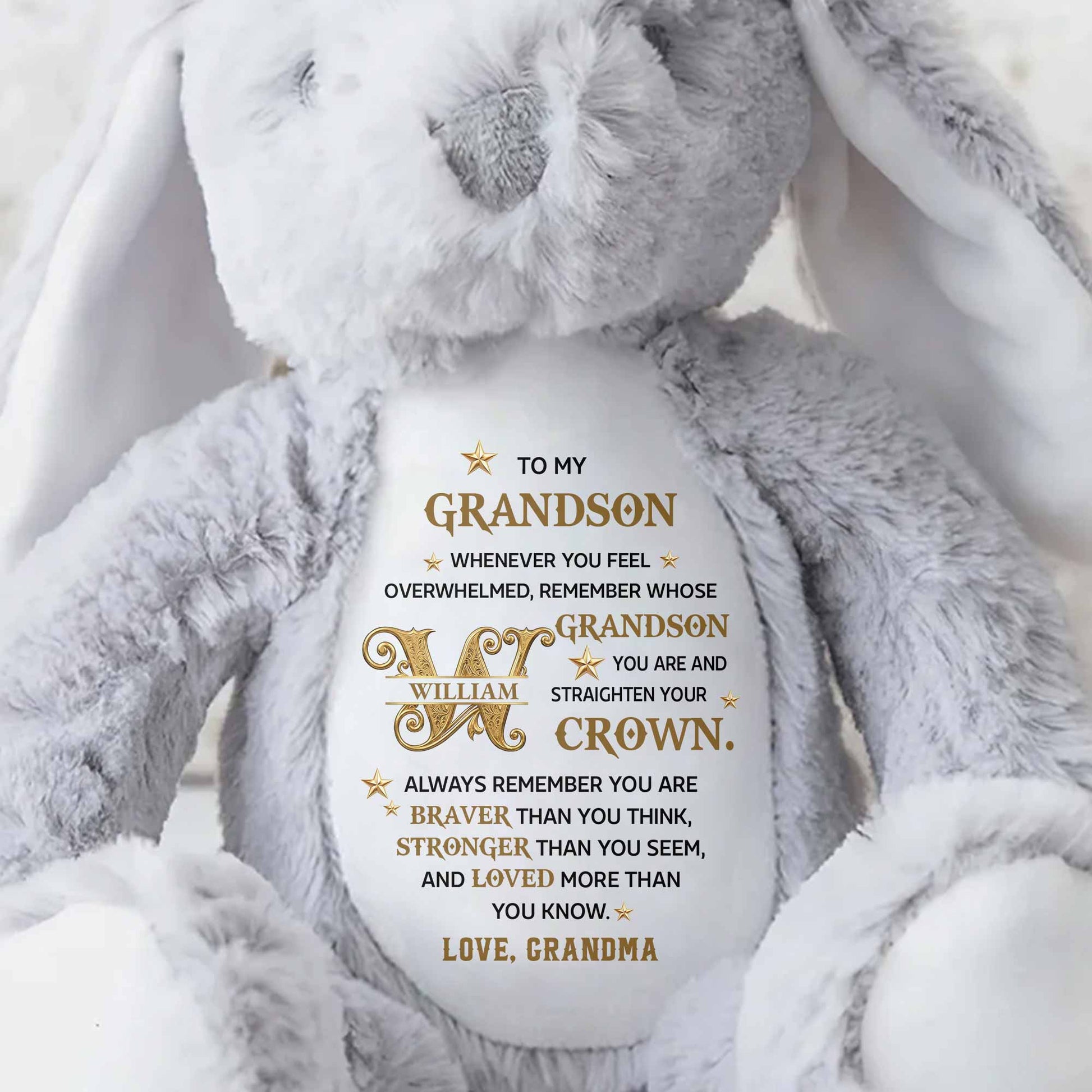 To My Grandson Straighten Your Crown Golden Alphabet Art - Personalized Stuffed Bunny - GSN137_BUN