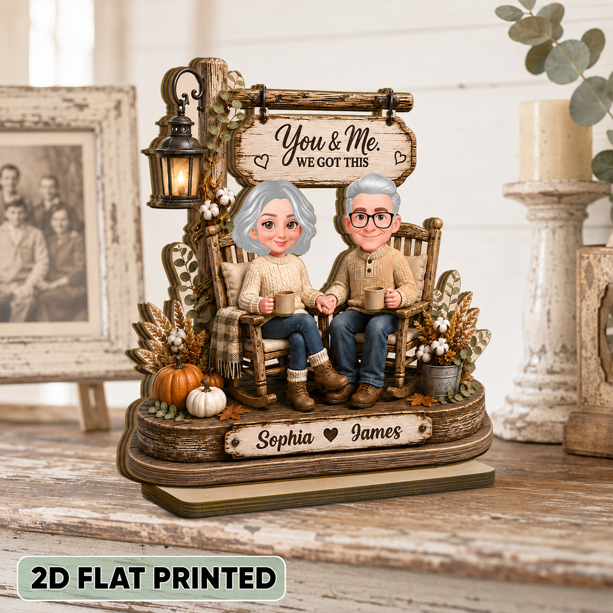 Husband Wife Sitting on Rocking Chair - Personalized 2-Layered Wooden Plaque