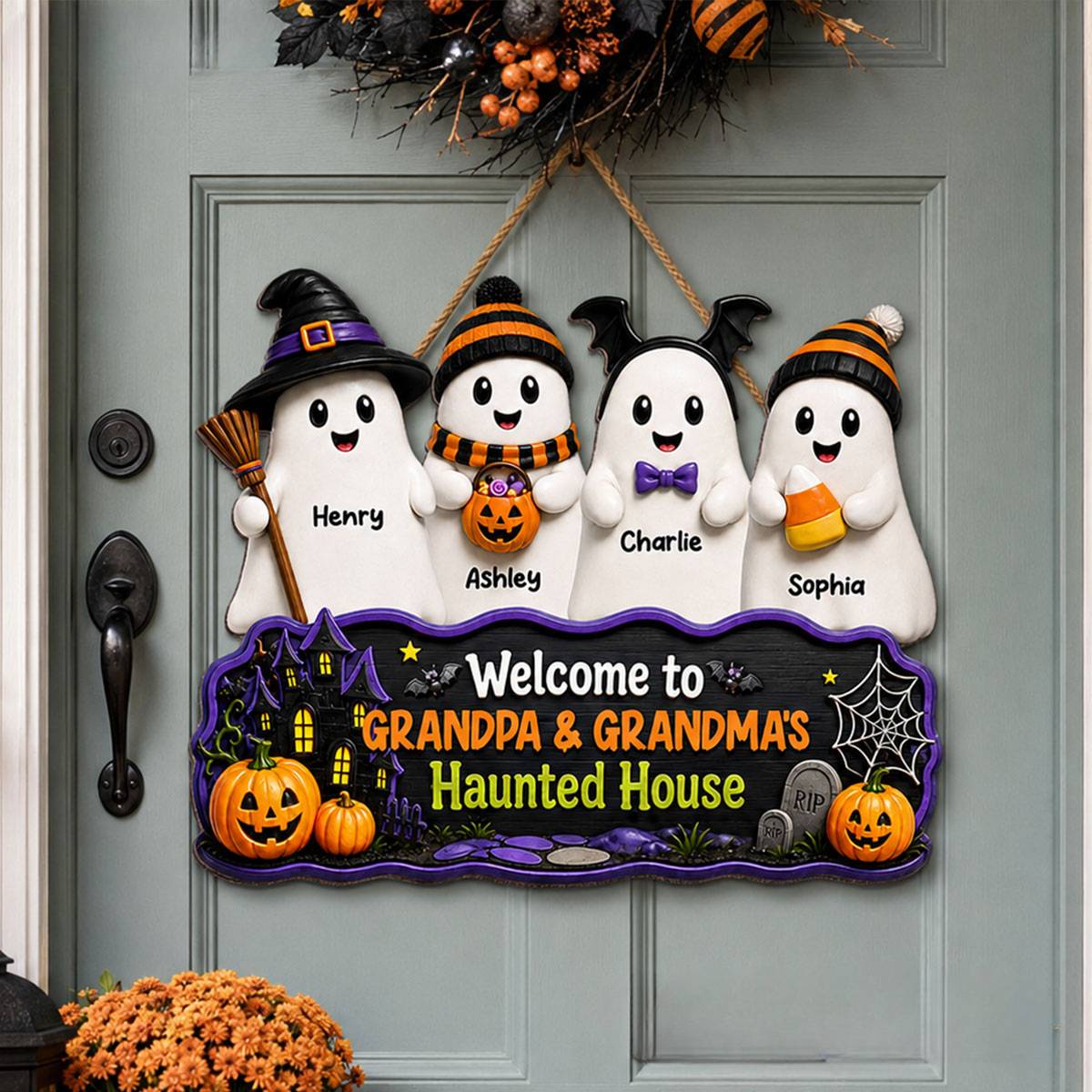 Halloween haunted house cute boo kids personalized wood sign