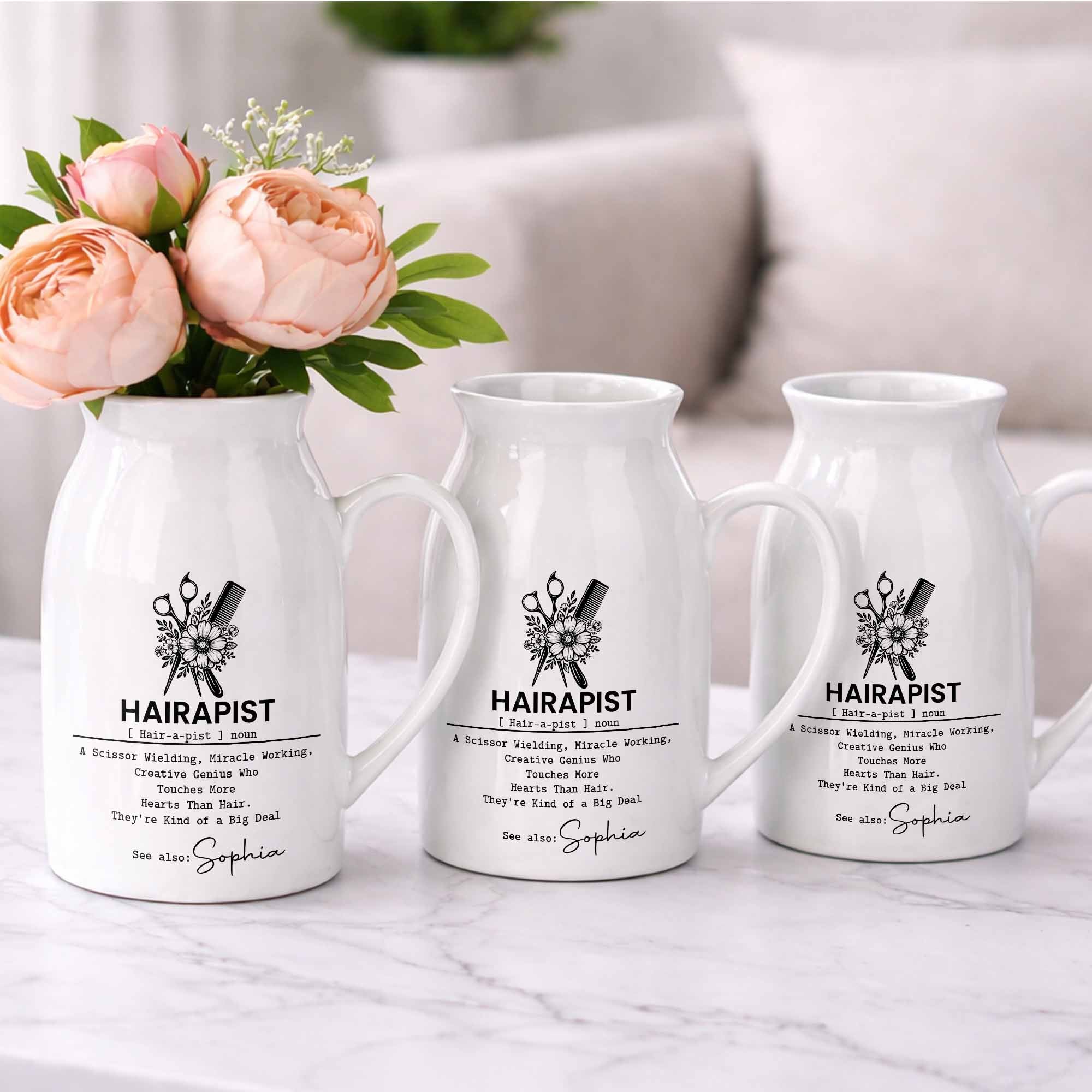 Hairapist A Scissor Wielding Miracle Working Creative Genius With Scissors And Flowers - Personalized Ceramic Flower Vase