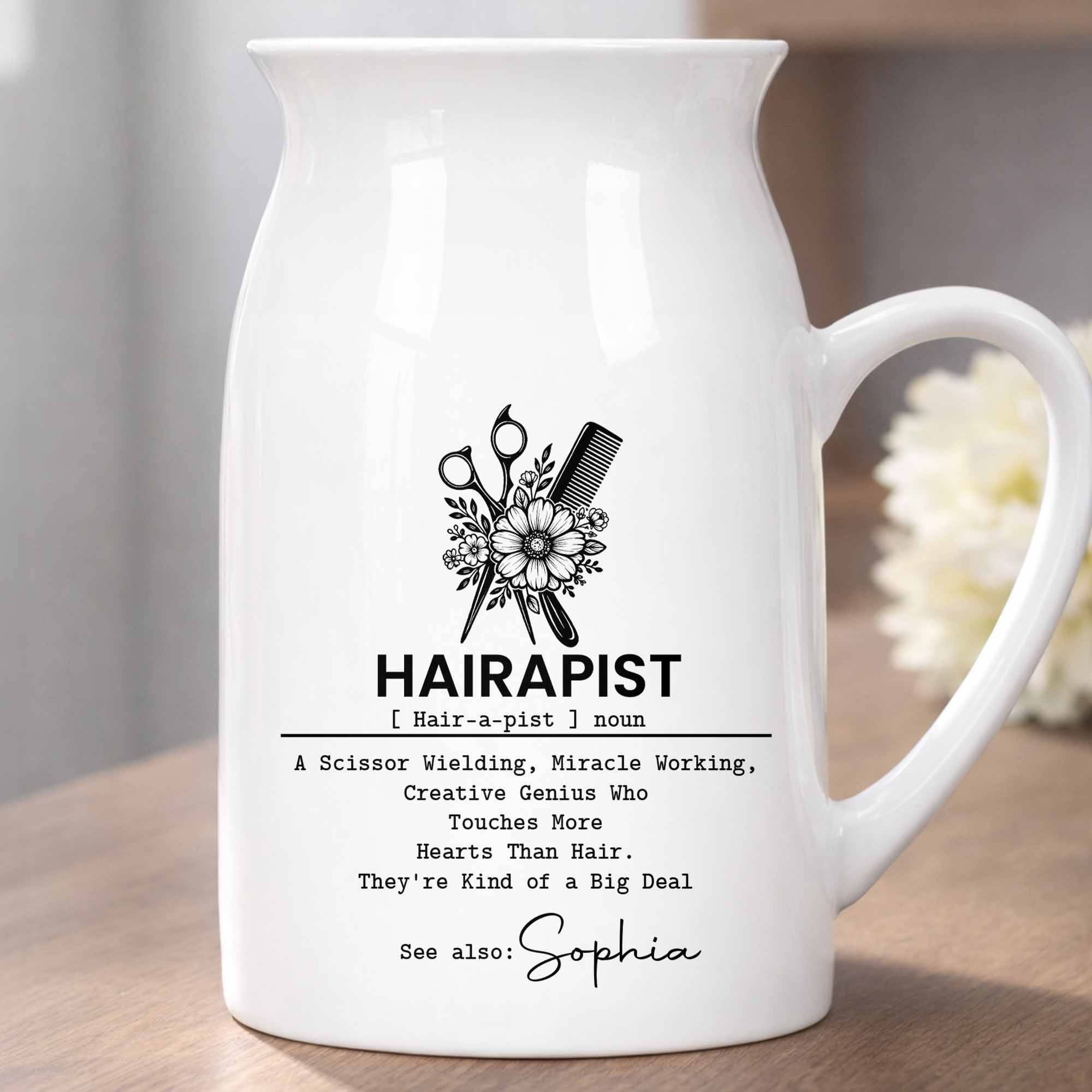 Hairapist A Scissor Wielding Miracle Working Creative Genius With Scissors And Flowers - Personalized Ceramic Flower Vase