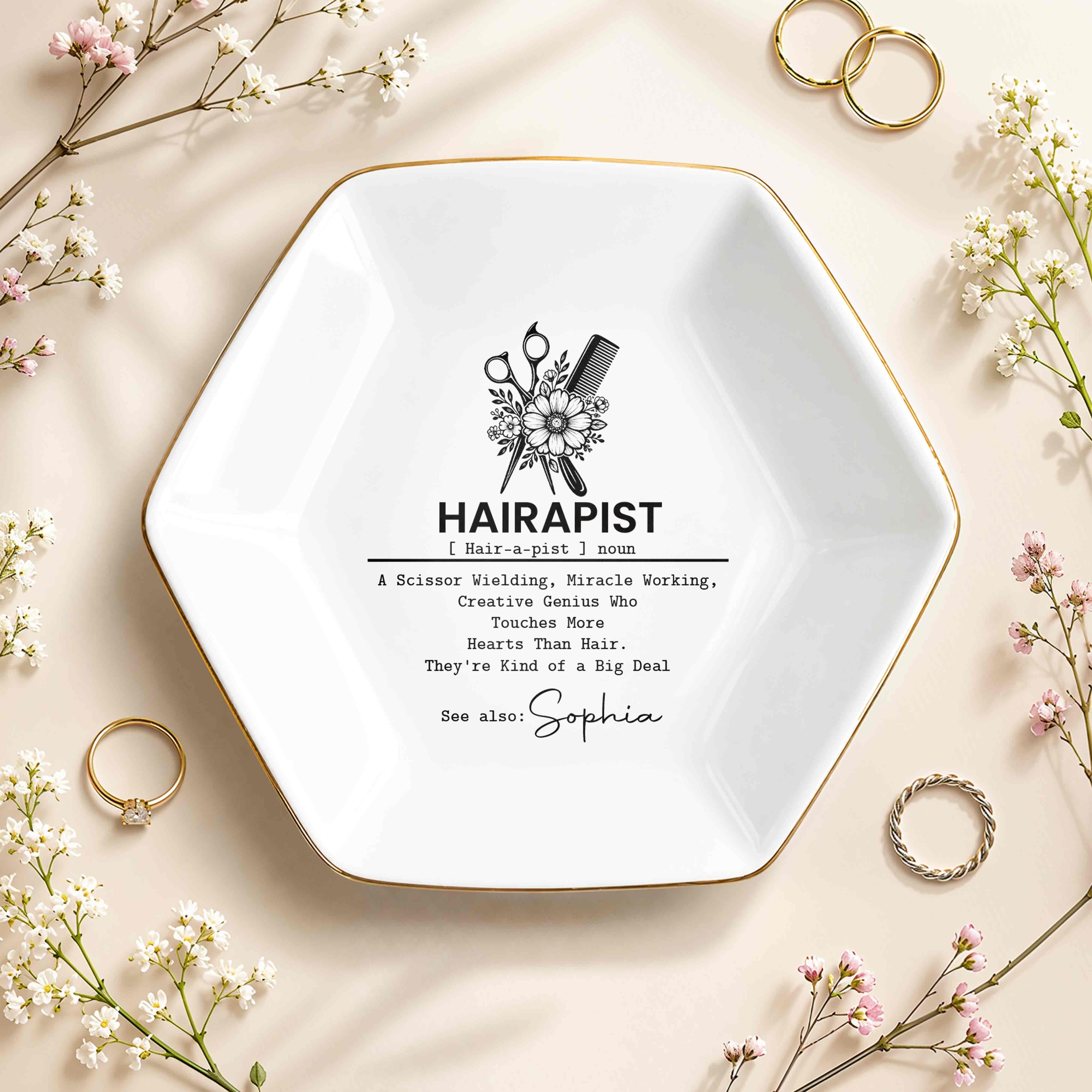 Hairapist Scissor Wielding Miracle Working Floral Scissor And Comb - Personalized Custom Jewelry Dish, Ceramic Dish, Hexagonal Shape - HAIR019_HECRD