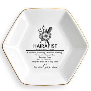 Hairapist Scissor Wielding Miracle Working Floral Scissor And Comb - Personalized Custom Jewelry Dish, Ceramic Dish, Hexagonal Shape - HAIR019_HECRD