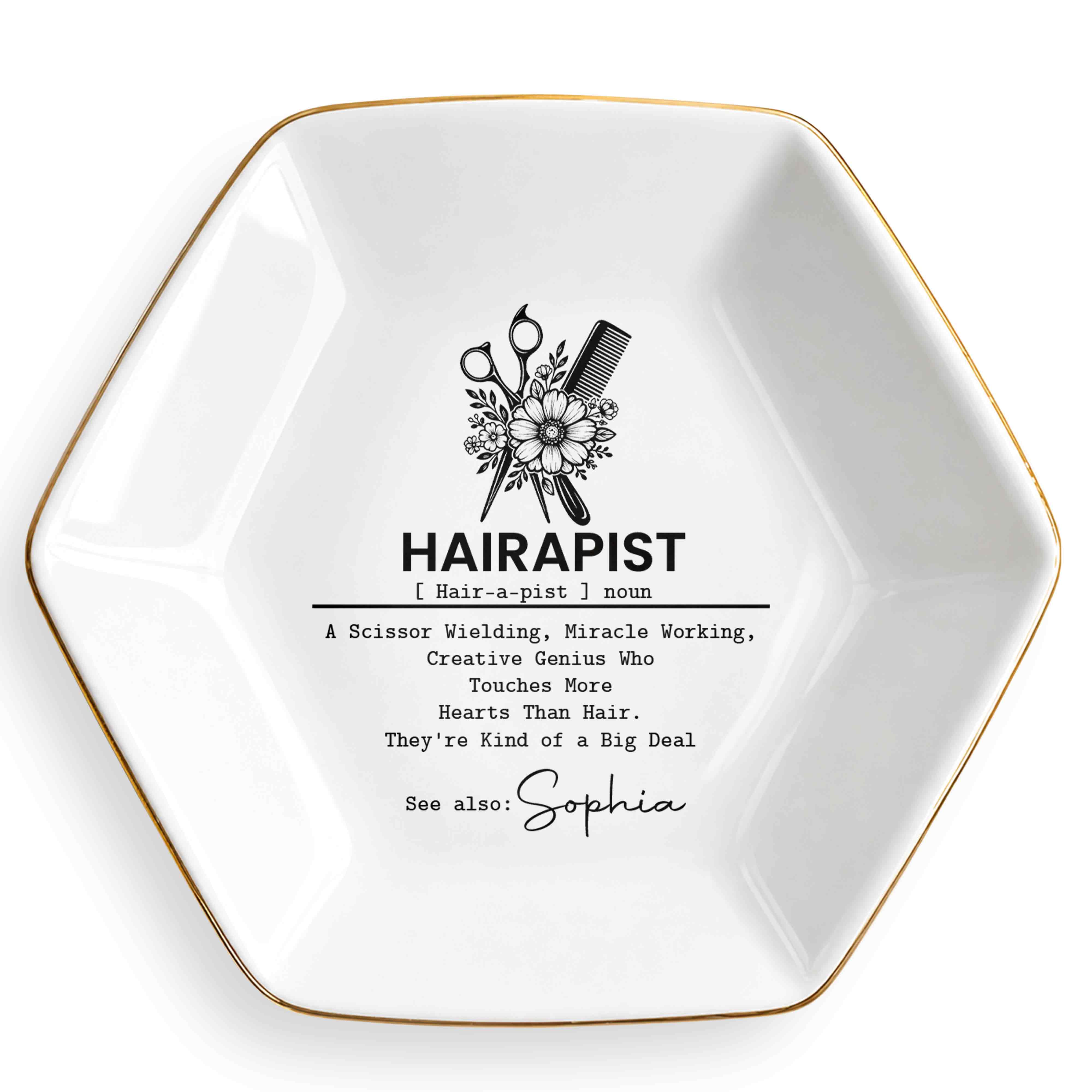 Hairapist Scissor Wielding Miracle Working Floral Scissor And Comb - Personalized Custom Jewelry Dish, Ceramic Dish, Hexagonal Shape - HAIR019_HECRD