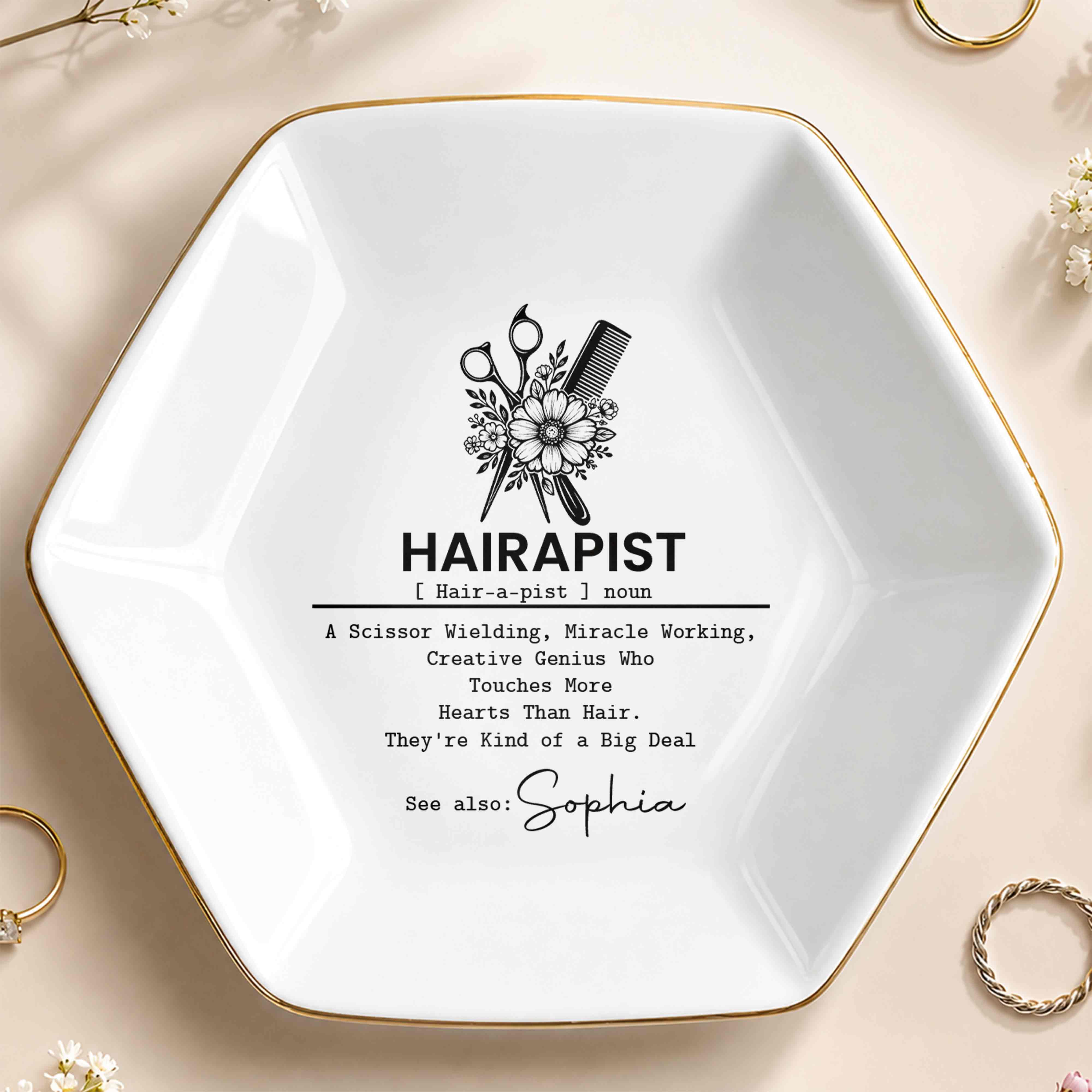 Hairapist Scissor Wielding Miracle Working Floral Scissor And Comb - Personalized Custom Jewelry Dish, Ceramic Dish, Hexagonal Shape - HAIR019_HECRD