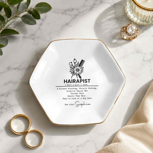 Hairapist Scissor Wielding Miracle Working Floral Scissor And Comb - Personalized Custom Jewelry Dish, Ceramic Dish, Hexagonal Shape - HAIR019_HECRD