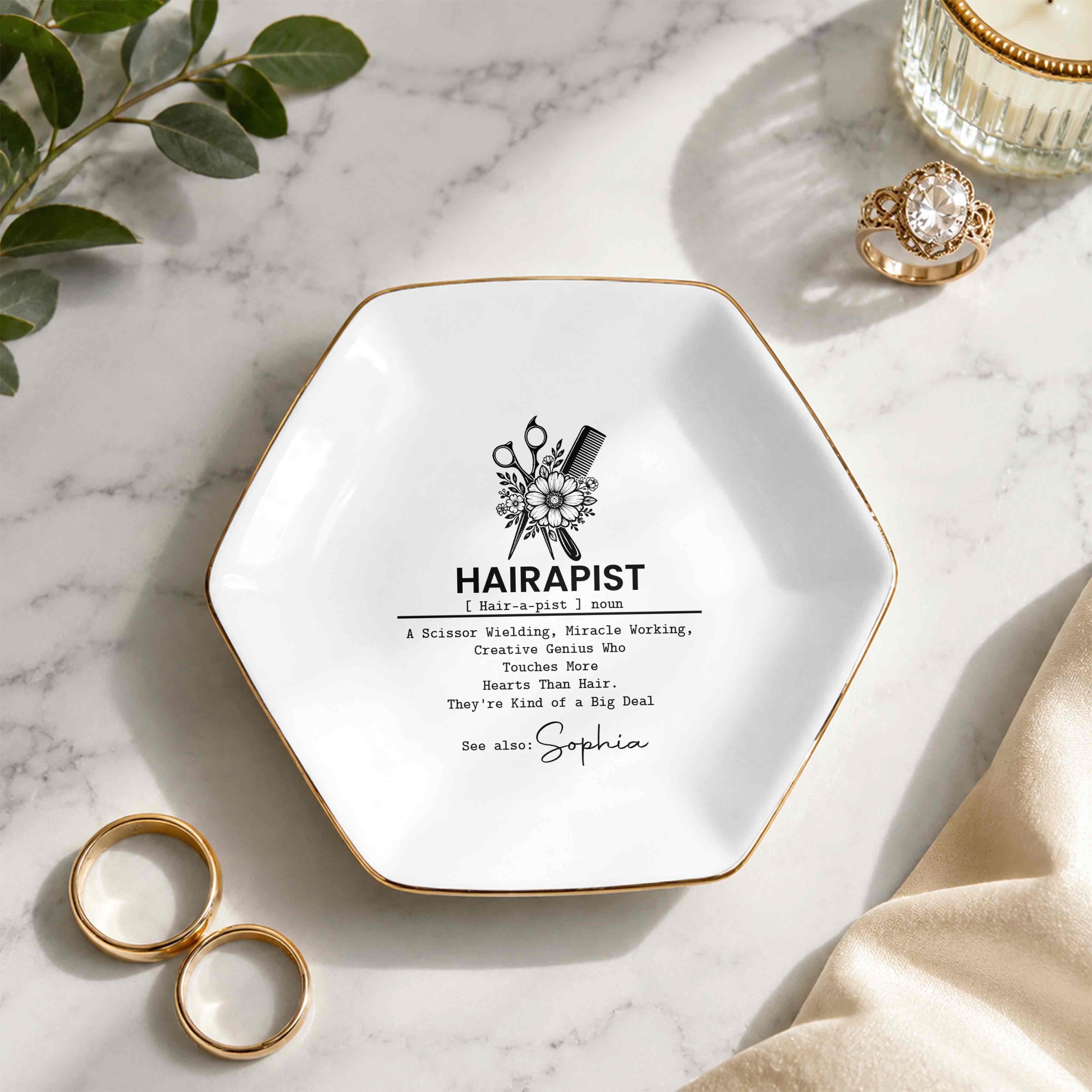 Hairapist Scissor Wielding Miracle Working Floral Scissor And Comb - Personalized Custom Jewelry Dish, Ceramic Dish, Hexagonal Shape - HAIR019_HECRD
