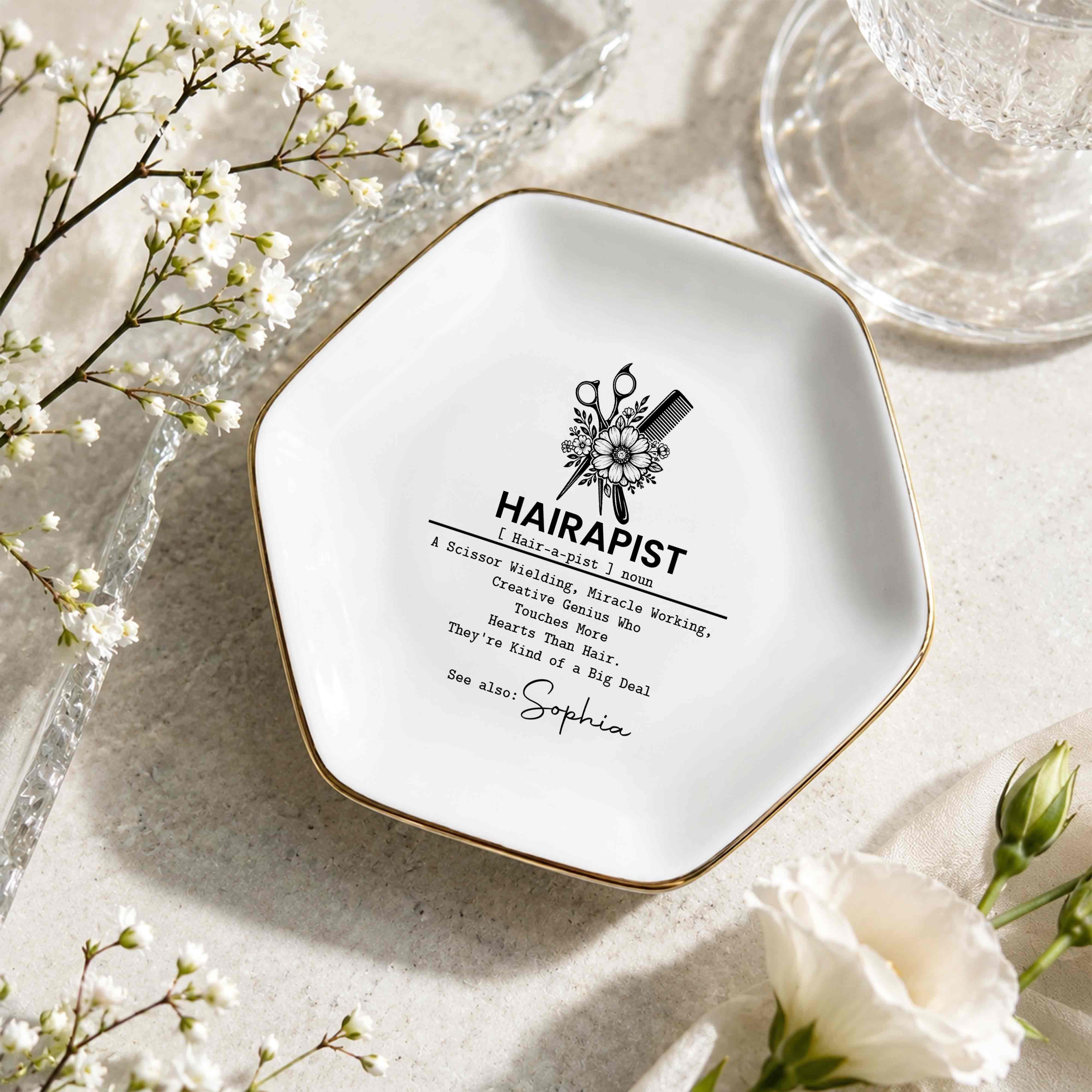 Hairapist Scissor Wielding Miracle Working Floral Scissor And Comb - Personalized Custom Jewelry Dish, Ceramic Dish, Hexagonal Shape - HAIR019_HECRD