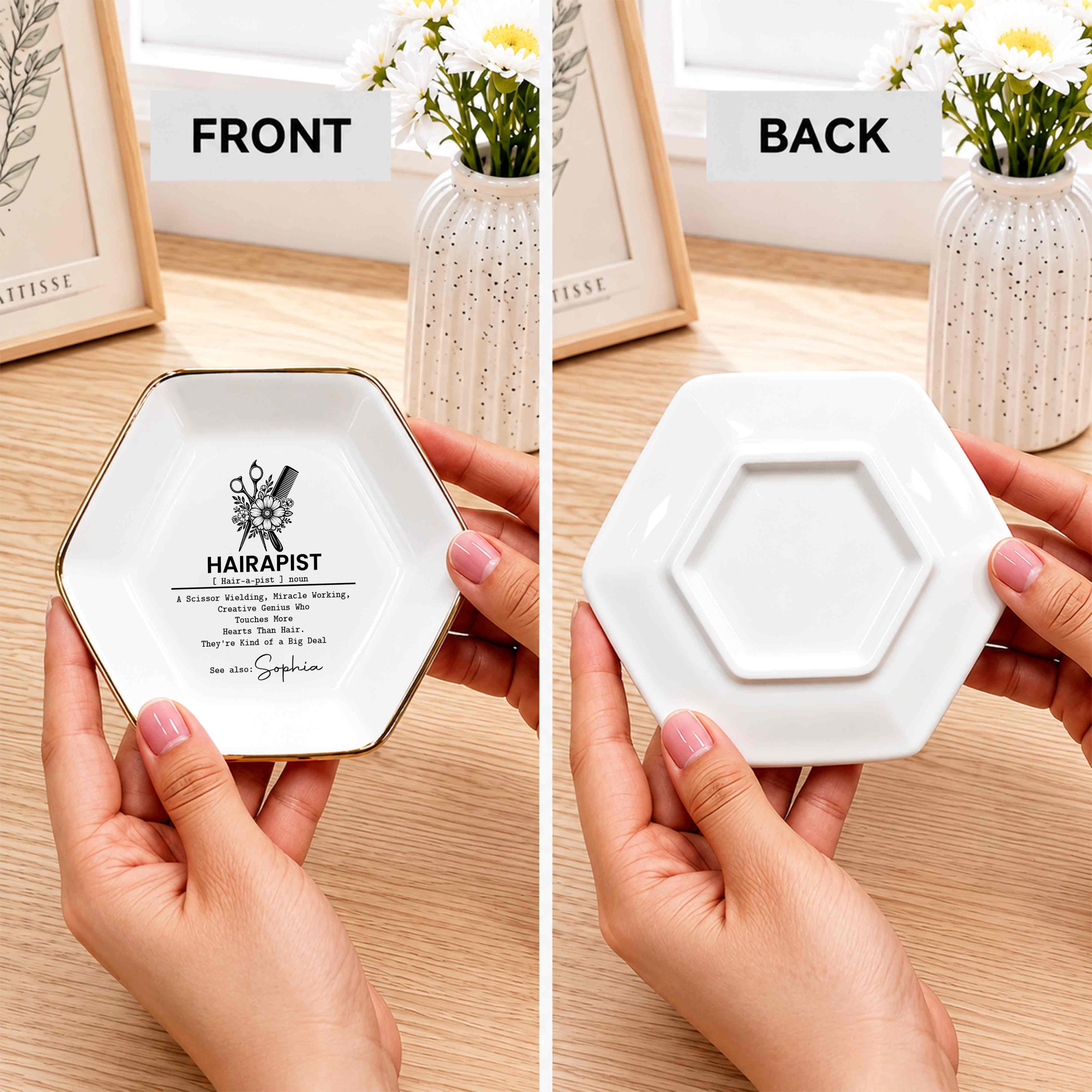 Hairapist Scissor Wielding Miracle Working Floral Scissor And Comb - Personalized Custom Jewelry Dish, Ceramic Dish, Hexagonal Shape - HAIR019_HECRD