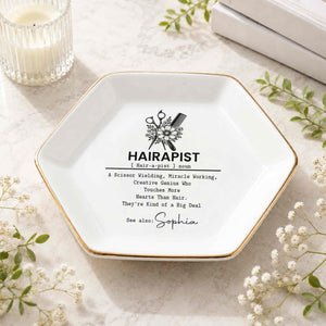 Hairapist Scissor Wielding Miracle Working Floral Scissor And Comb - Personalized Custom Jewelry Dish, Ceramic Dish, Hexagonal Shape - HAIR019_HECRD