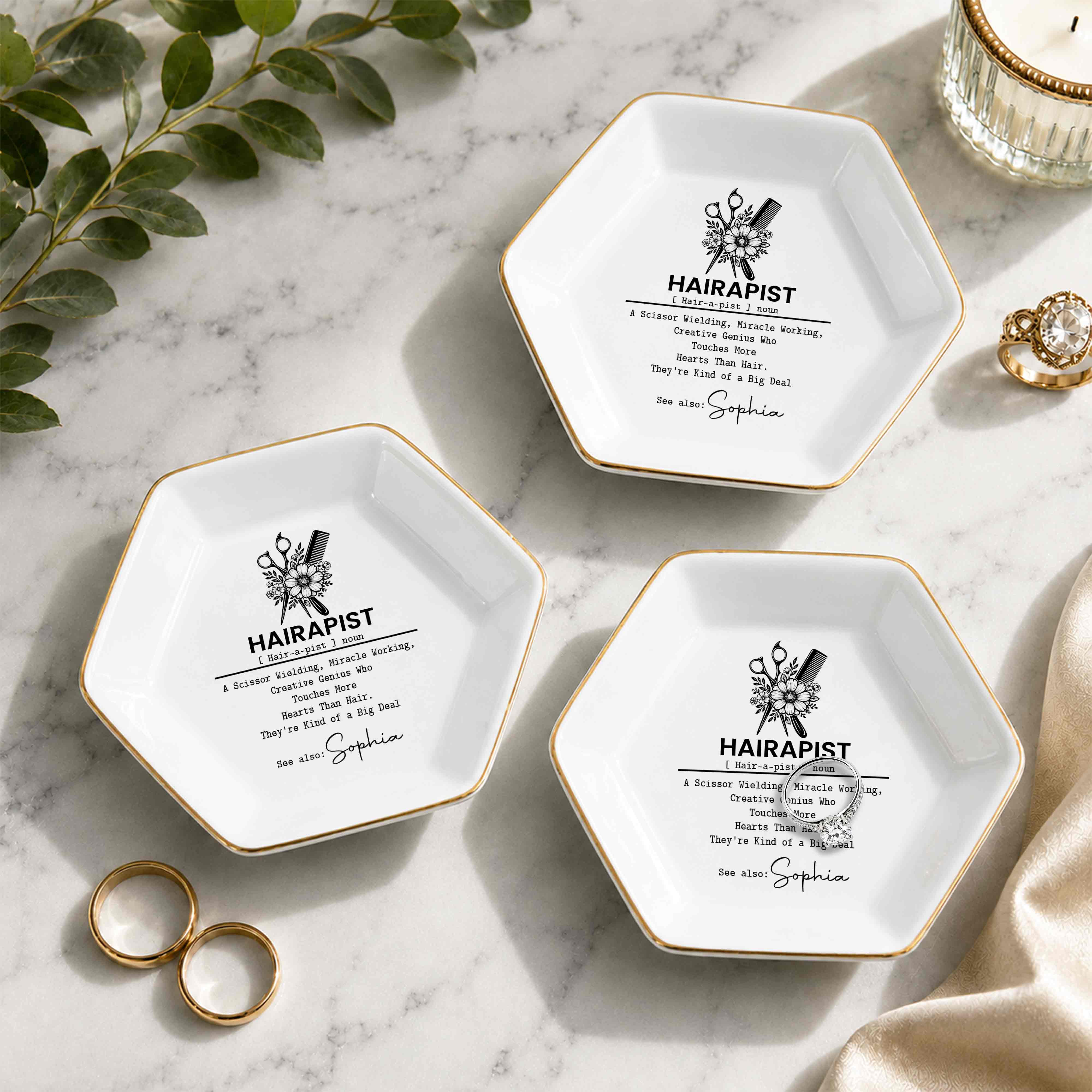 Hairapist Scissor Wielding Miracle Working Floral Scissor And Comb - Personalized Custom Jewelry Dish, Ceramic Dish, Hexagonal Shape - HAIR019_HECRD