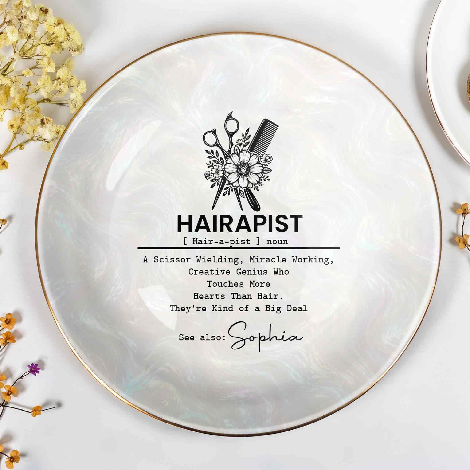 Hairapist A Scissor Wielding Miracle Working Scissor And Comb Flower - Personalized Custom Jewelry Dish, Ceramic Dish, Round Shape - HAIR019_RCRF