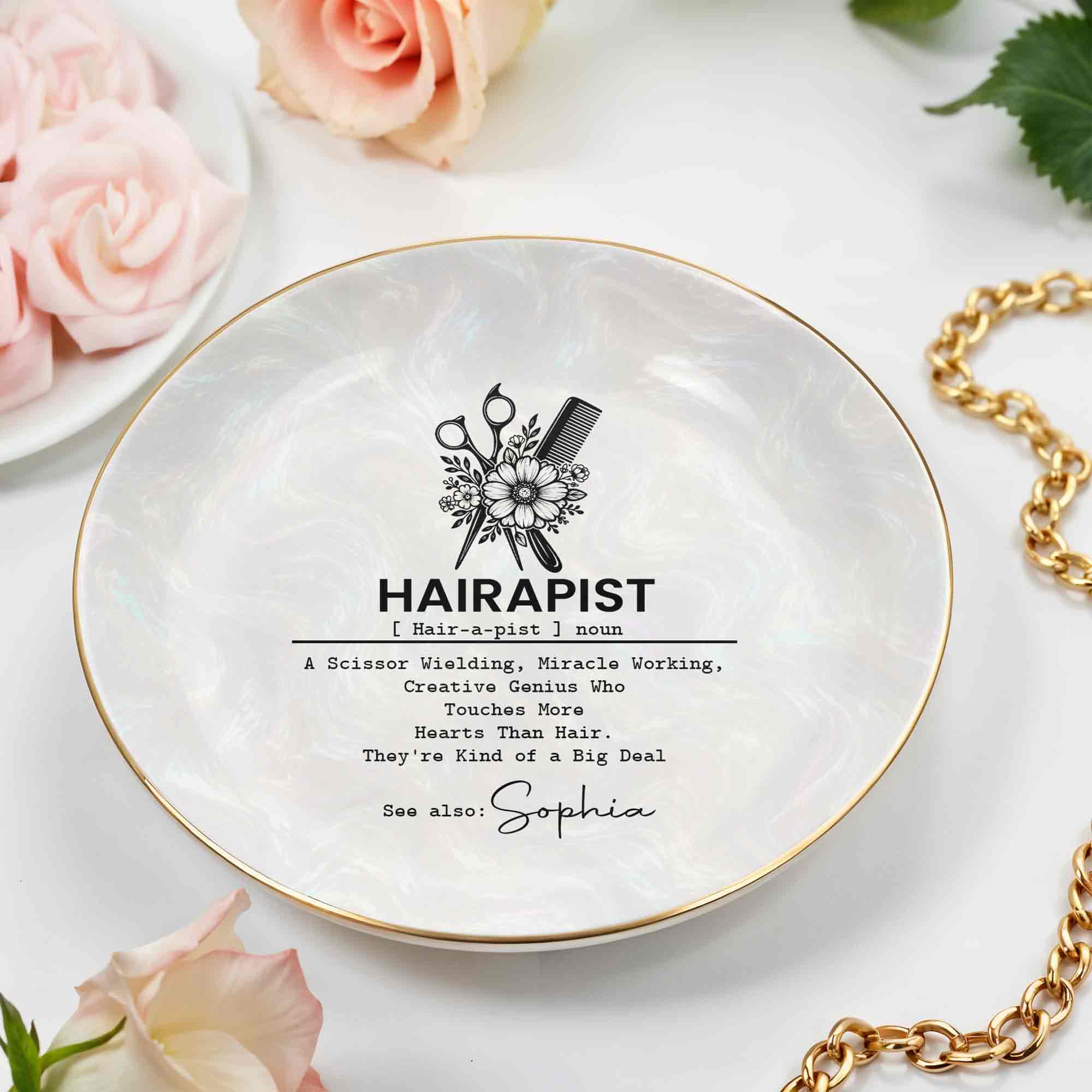 Hairapist A Scissor Wielding Miracle Working Scissor And Comb Flower - Personalized Custom Jewelry Dish, Ceramic Dish, Round Shape - HAIR019_RCRF