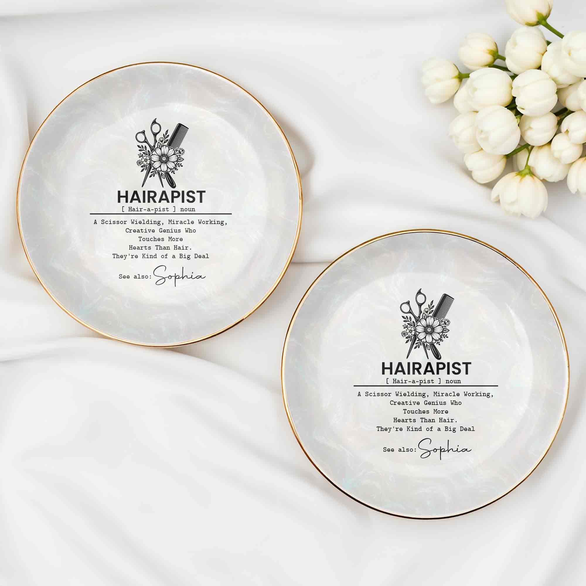 Hairapist A Scissor Wielding Miracle Working Scissor And Comb Flower - Personalized Custom Jewelry Dish, Ceramic Dish, Round Shape - HAIR019_RCRF
