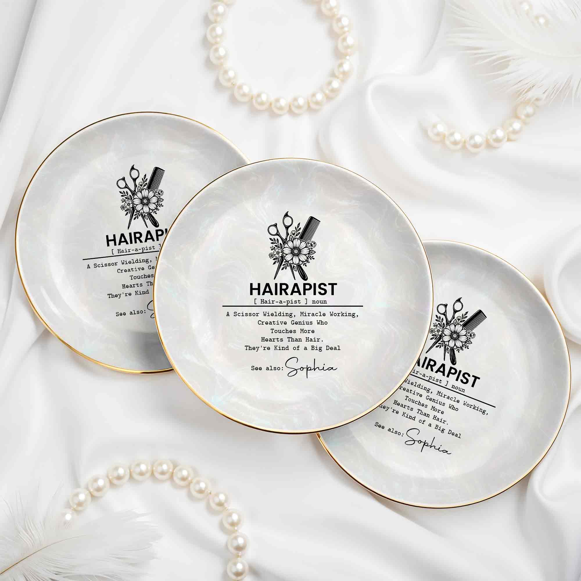 Hairapist A Scissor Wielding Miracle Working Scissor And Comb Flower - Personalized Custom Jewelry Dish, Ceramic Dish, Round Shape - HAIR019_RCRF