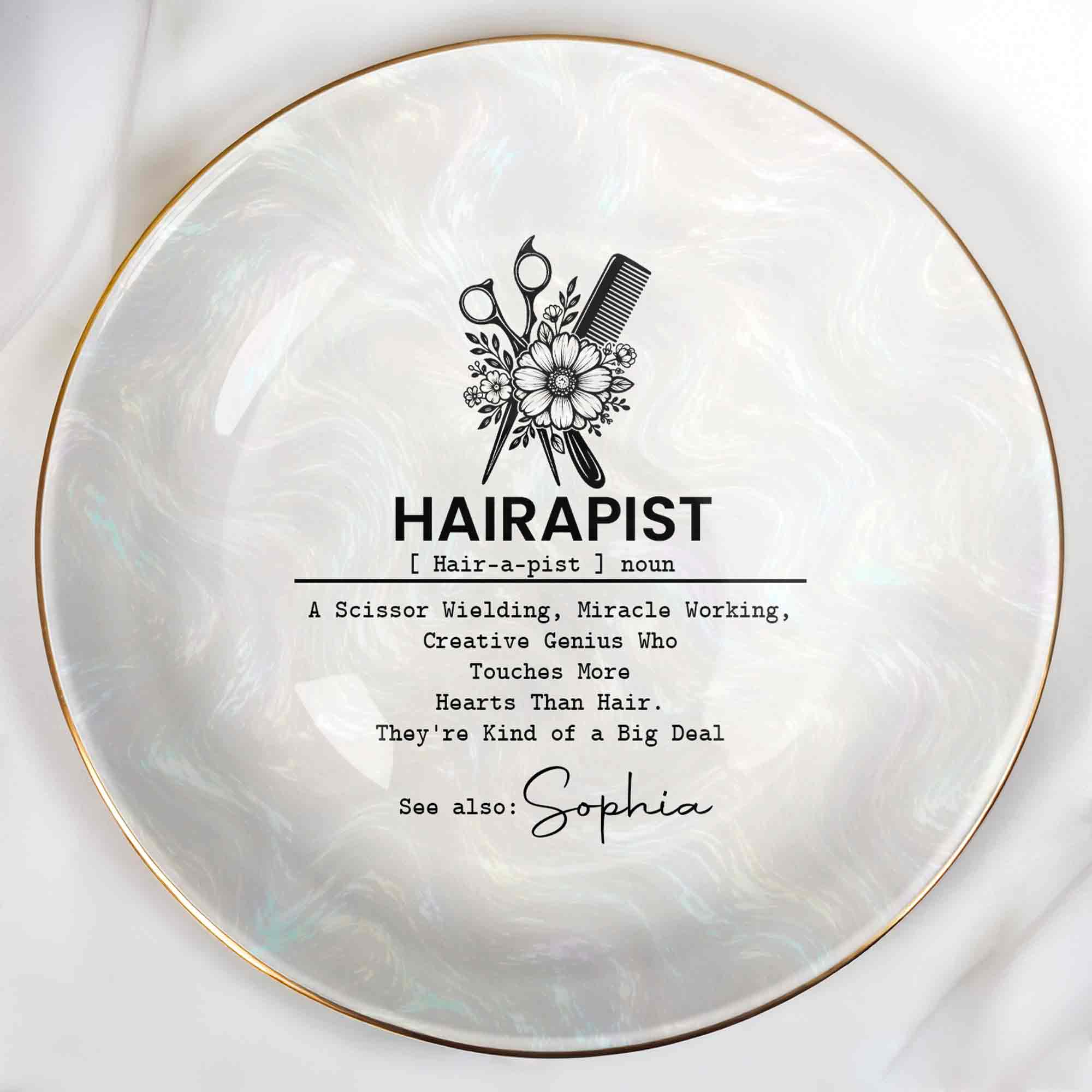 Hairapist A Scissor Wielding Miracle Working Scissor And Comb Flower - Personalized Custom Jewelry Dish, Ceramic Dish, Round Shape - HAIR019_RCRF