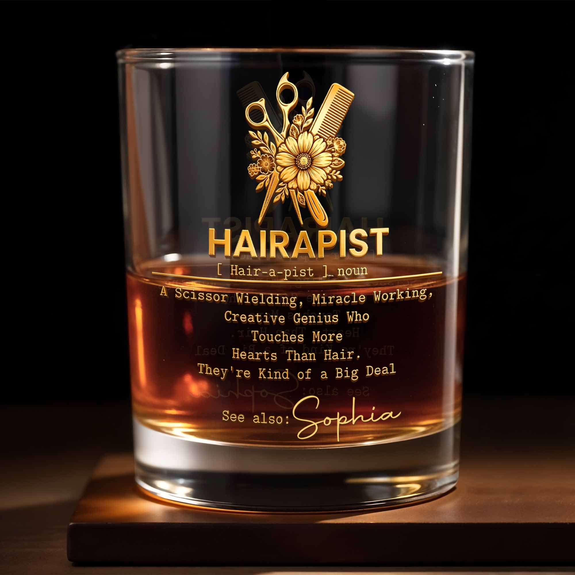 Hairapist Scissor Wielding Miracle Working With Flowers And Stylist Tools - Personalized Custom Whiskey Glass - HAIR019_RWG