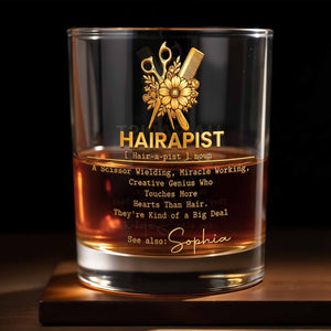 Hairapist Scissor Wielding Miracle Working With Flowers And Stylist Tools - Personalized Custom Whiskey Glass - HAIR019_RWG