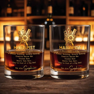 Hairapist Scissor Wielding Miracle Working With Flowers And Stylist Tools - Personalized Custom Whiskey Glass - HAIR019_RWG