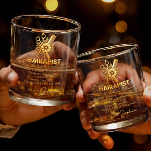Hairapist Scissor Wielding Miracle Working With Flowers And Stylist Tools - Personalized Custom Whiskey Glass - HAIR019_RWG