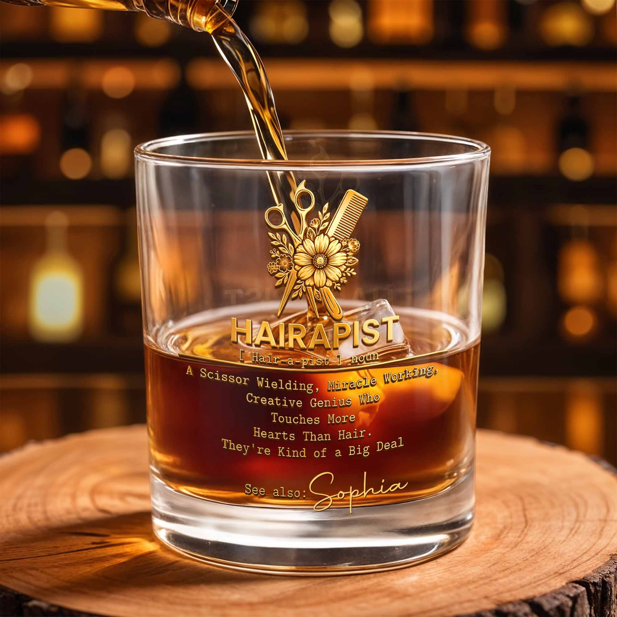 Hairapist Scissor Wielding Miracle Working With Flowers And Stylist Tools - Personalized Custom Whiskey Glass - HAIR019_RWG