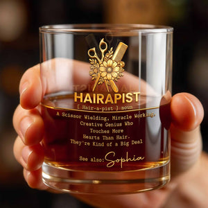 Hairapist Scissor Wielding Miracle Working With Flowers And Stylist Tools - Personalized Custom Whiskey Glass - HAIR019_RWG